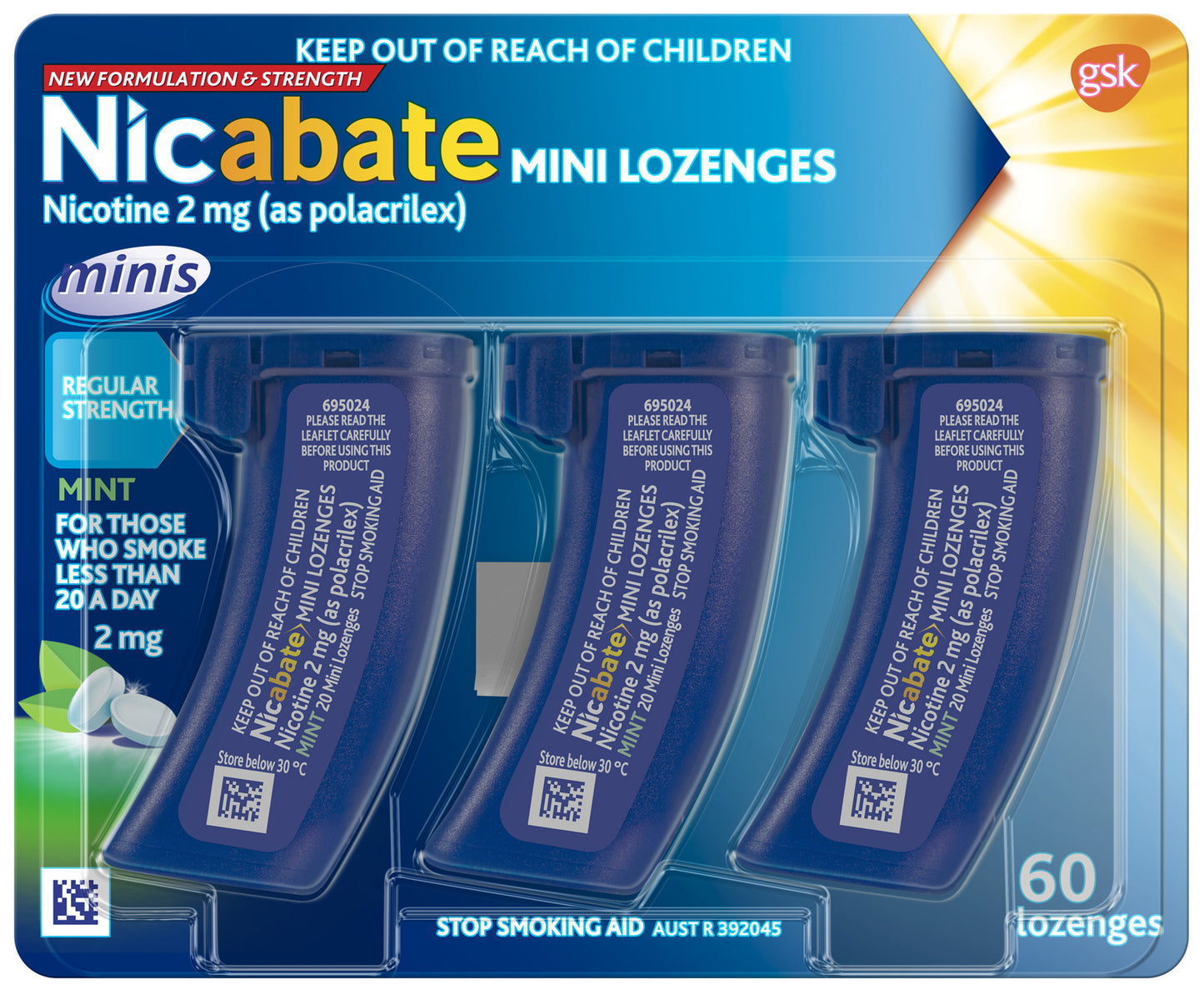 Nicabate Mini Lozenge Quit Smoking Nicotine 2 mg Regular Strength Mint 60 Pack