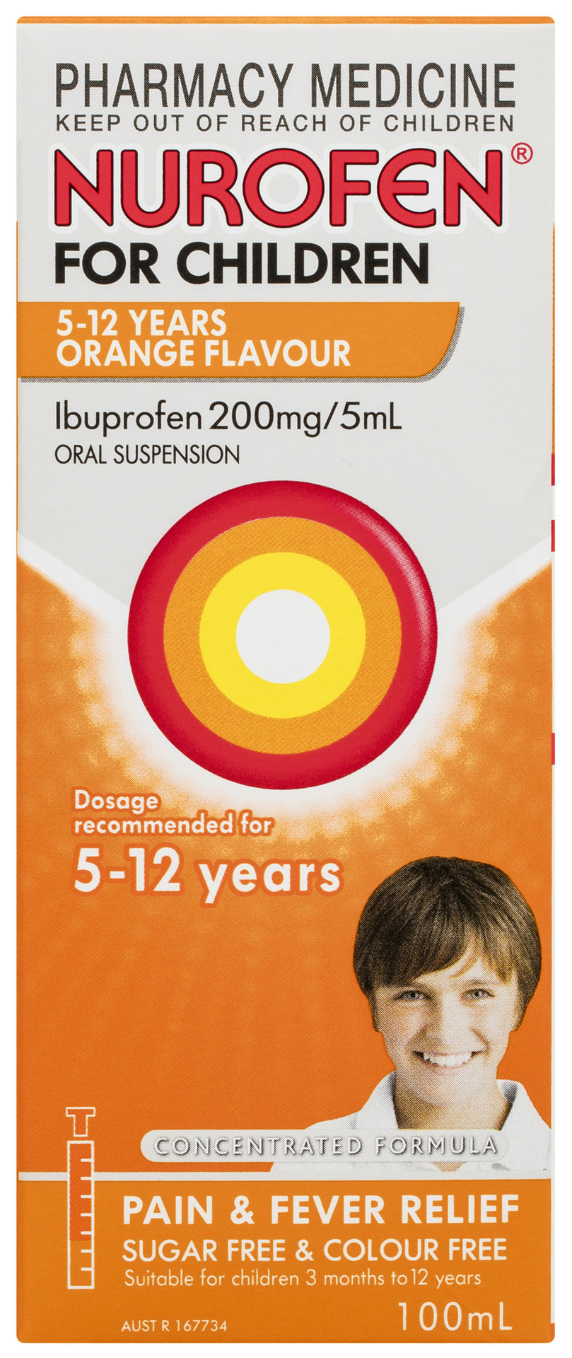 Nurofen For Children 5-12yrs Pain and Fever Relief Concentrated Liquid 200mg/5mL Ibuprofen Orange