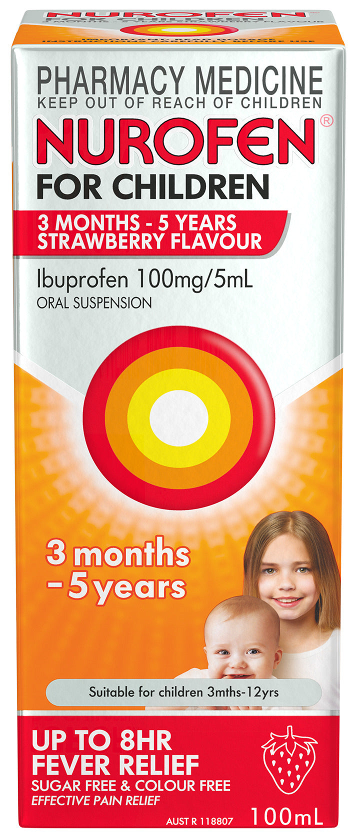 Nurofen For Children 3months - 5years Pain and Fever Relief 100mg/5mL Ibuprofen Strawberry 100mL