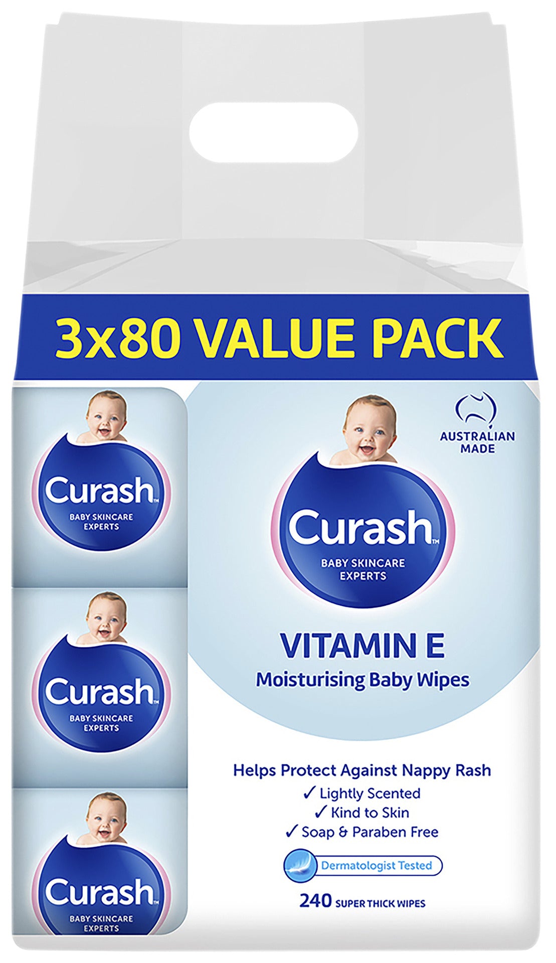 Curash Vitamin E Baby Wipes 3 x 80 Pack