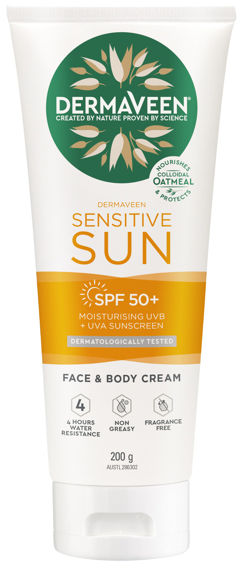 DermaVeen Sensitive Sun SPF 50+ Moisturising UVB + UVA Sunscreen 200g