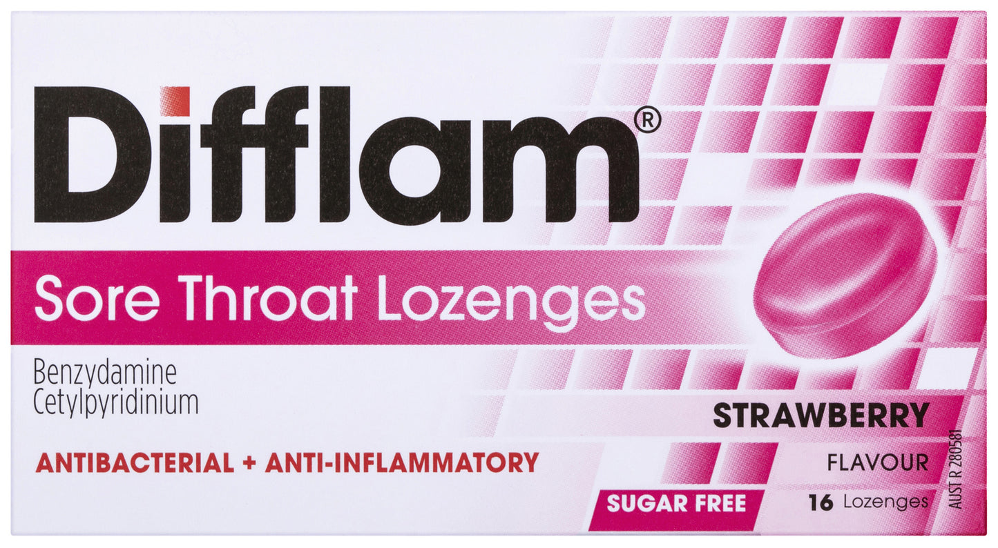 Difflam Sore Throat Lozenges Strawberry Flavour 16s