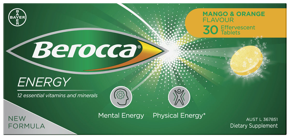 Berocca Energy Vitamin B & C Mango & Orange Flavour Effervescent Tablets 30 Pack