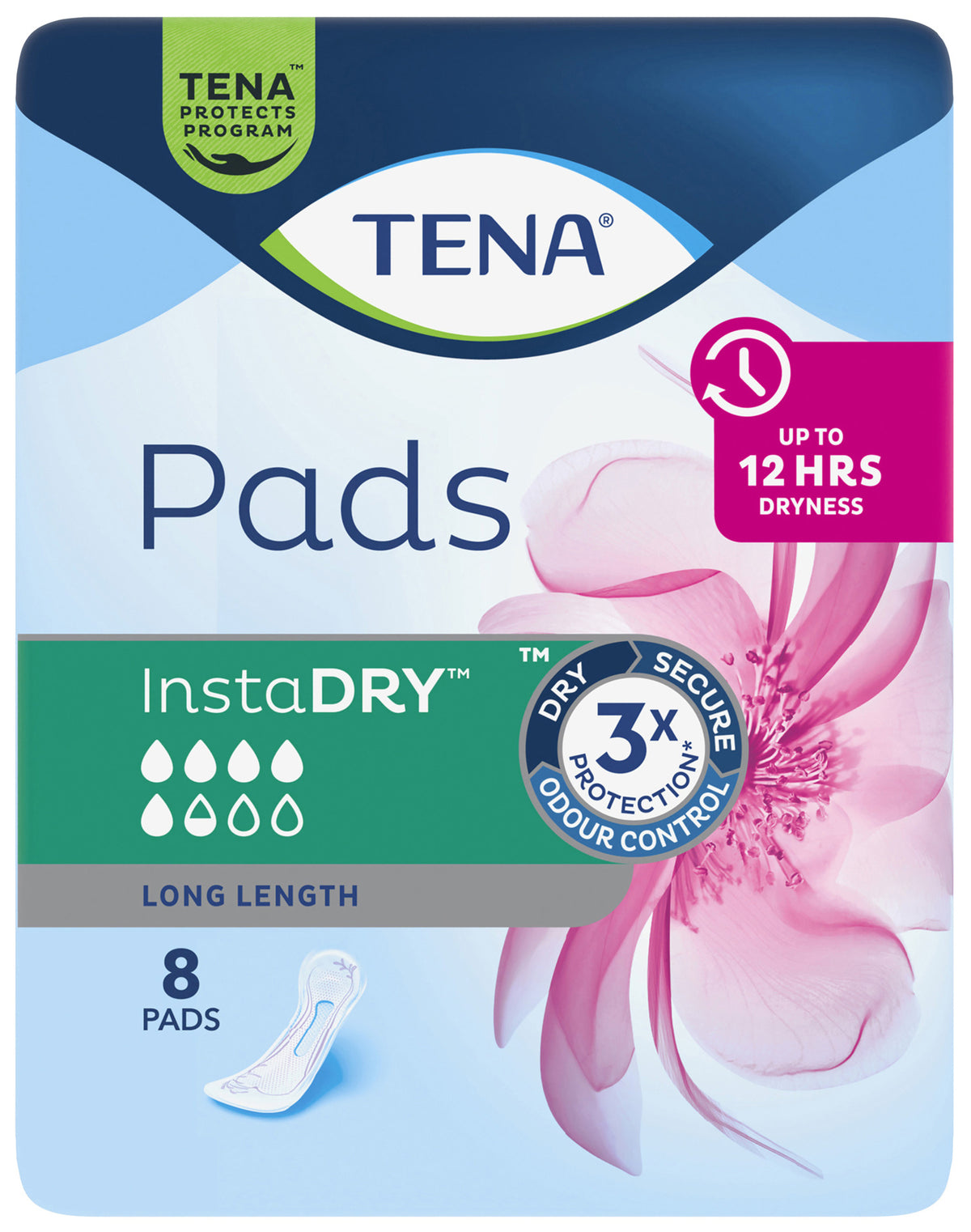 TENA Pads InstaDRY Long Length 8 Pack