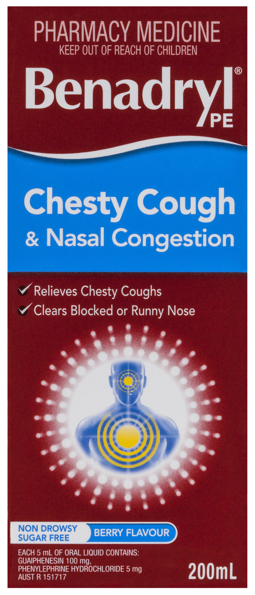Benadryl PE Chesty Cough & Nasal Congestion Liquid Berry Flavour 200mL