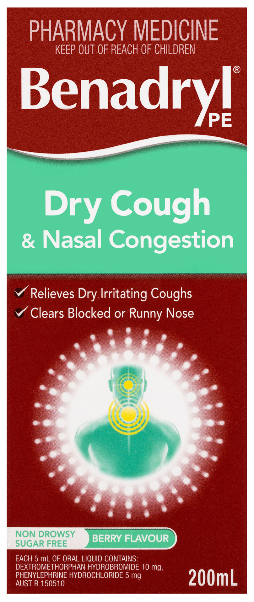 Benadryl PE Dry Cough & Nasal Congestion Liquid Berry Flavour 200mL