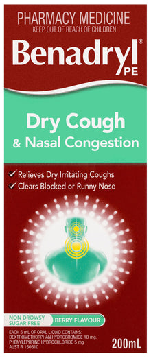 Benadryl PE Dry Cough & Nasal Congestion Liquid Berry Flavour 200mL