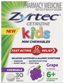 Zyrtec Kids Allergy & Hayfever Relief Antihistamine Grape Chewable Tablets 30 Pack
