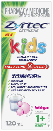 Zyrtec Kids Allergy & Hayfever Relief Antihistamine Bubblegum Liquid 120mL