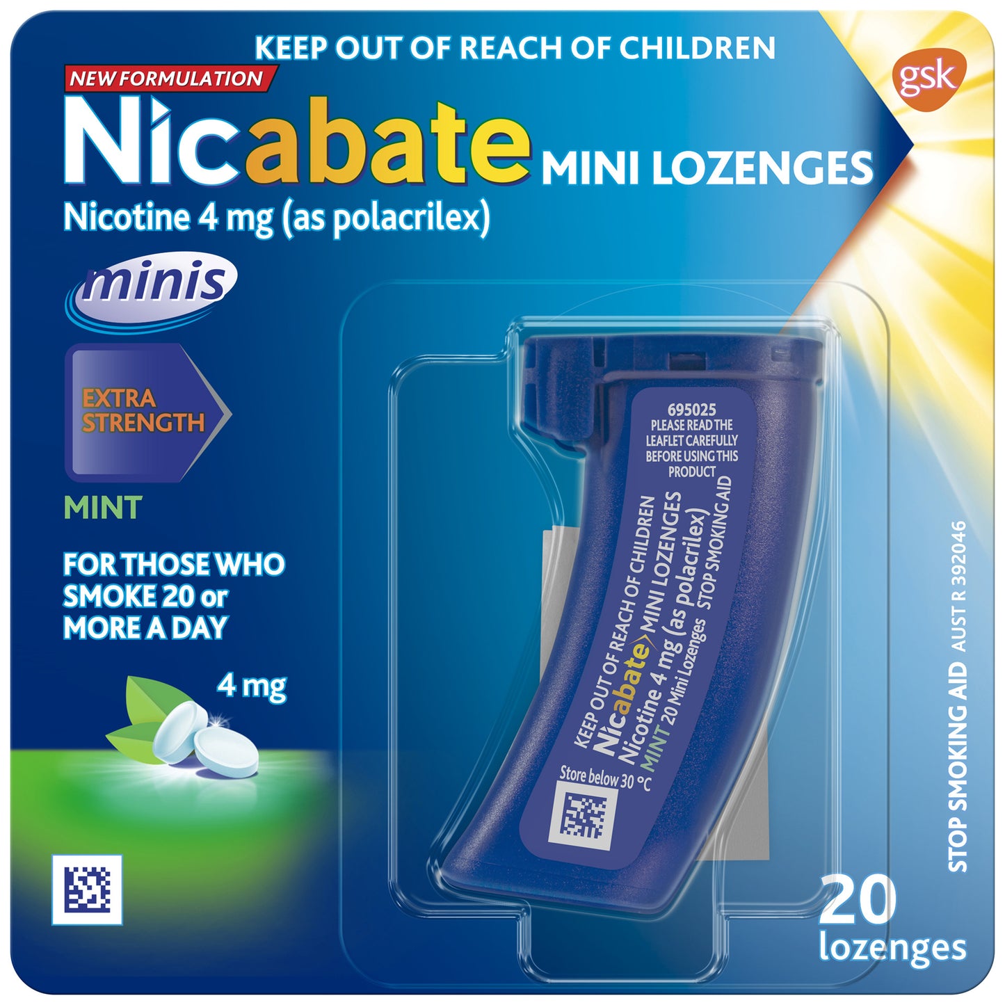 Nicabate Mini Lozenge Stop Smoking Nicotine 4mg Extra Strength Mint 20 Pack