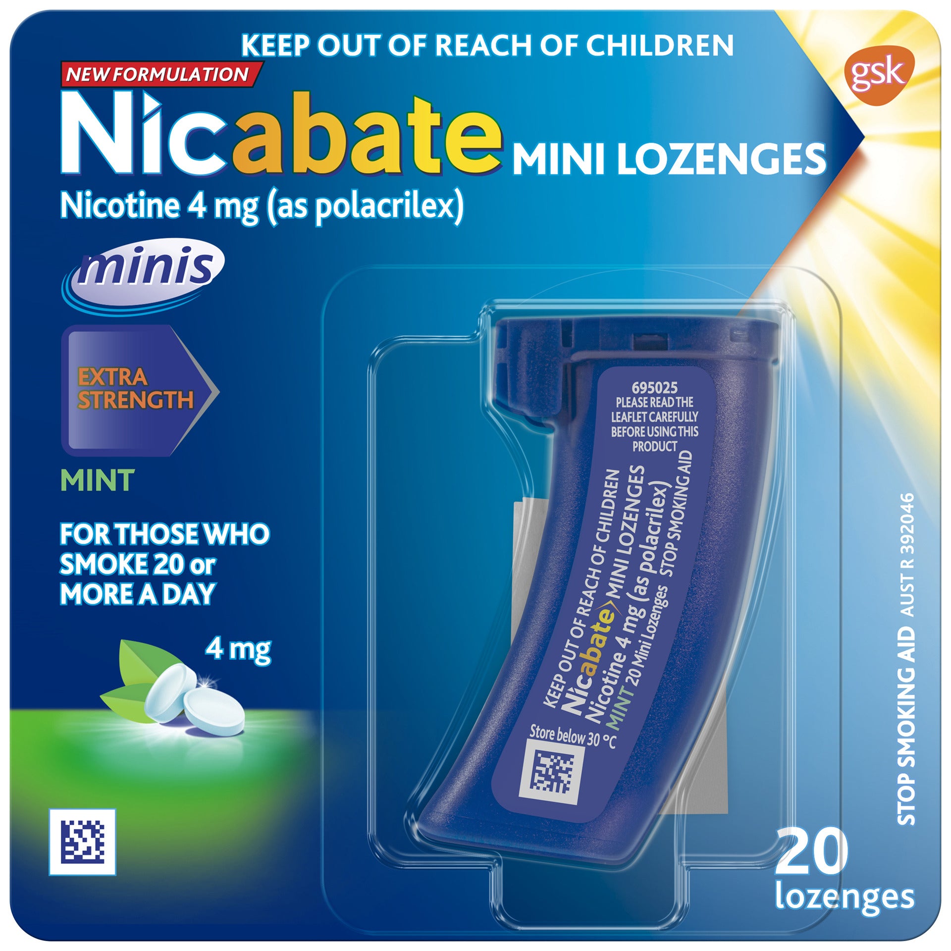 Nicabate Mini Lozenge Stop Smoking Nicotine 4mg Extra Strength Mint 20 Pack