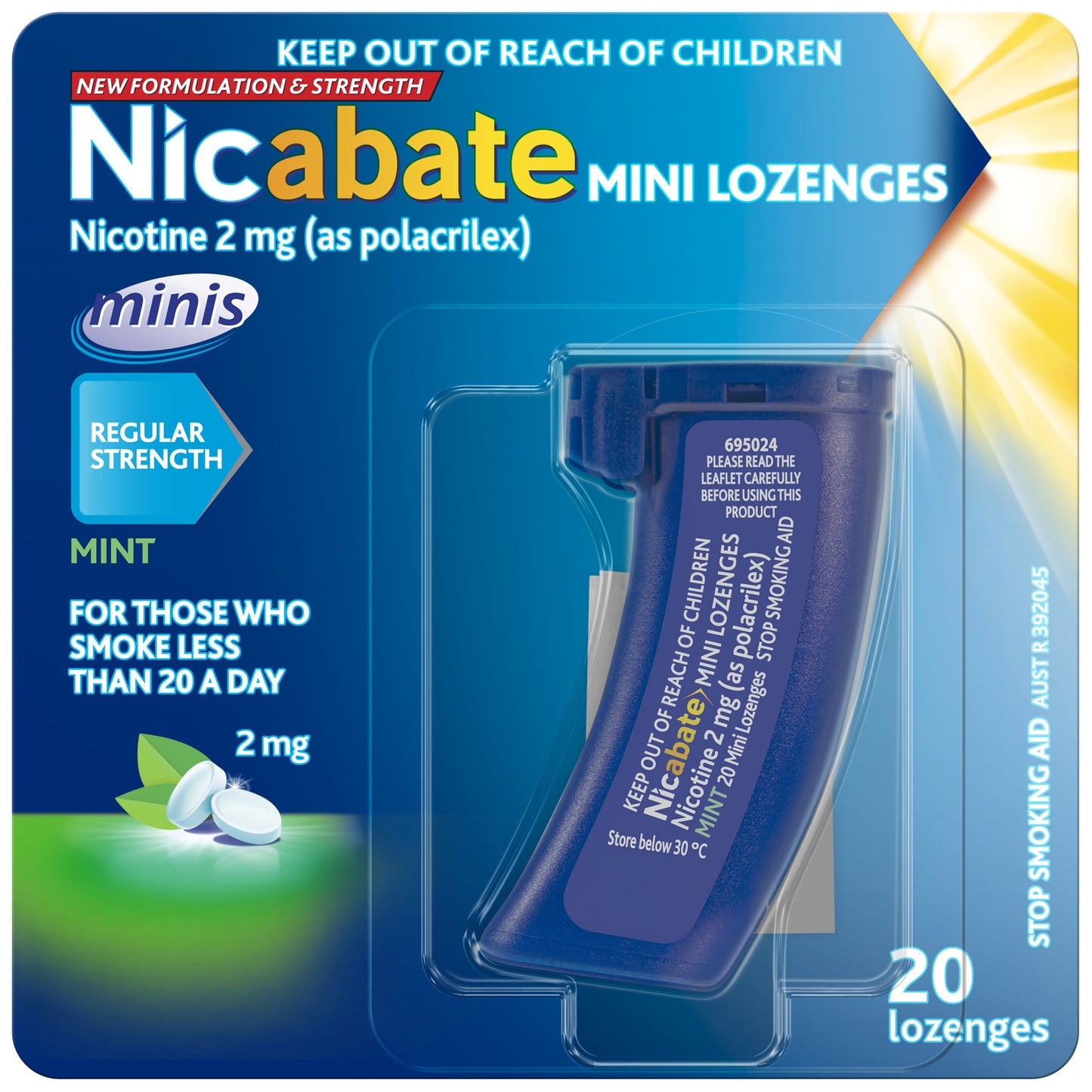 Nicabate Mini Lozenge Quit Smoking Nicotine 2 mg Regular Strength Mint 20 Pack