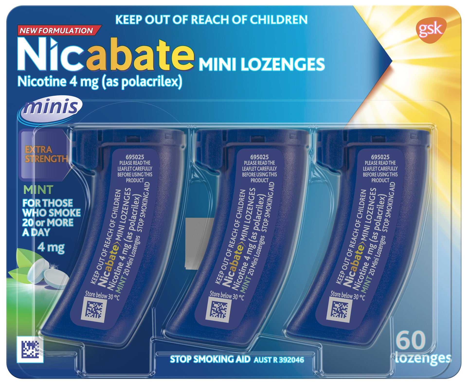 Nicabate Mini Lozenge Stop Smoking Nicotine 4mg Extra Strength Mint 60 Pack