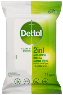Dettol 2 in 1 Hands and Surfaces Antibacterial Wipes 15pk