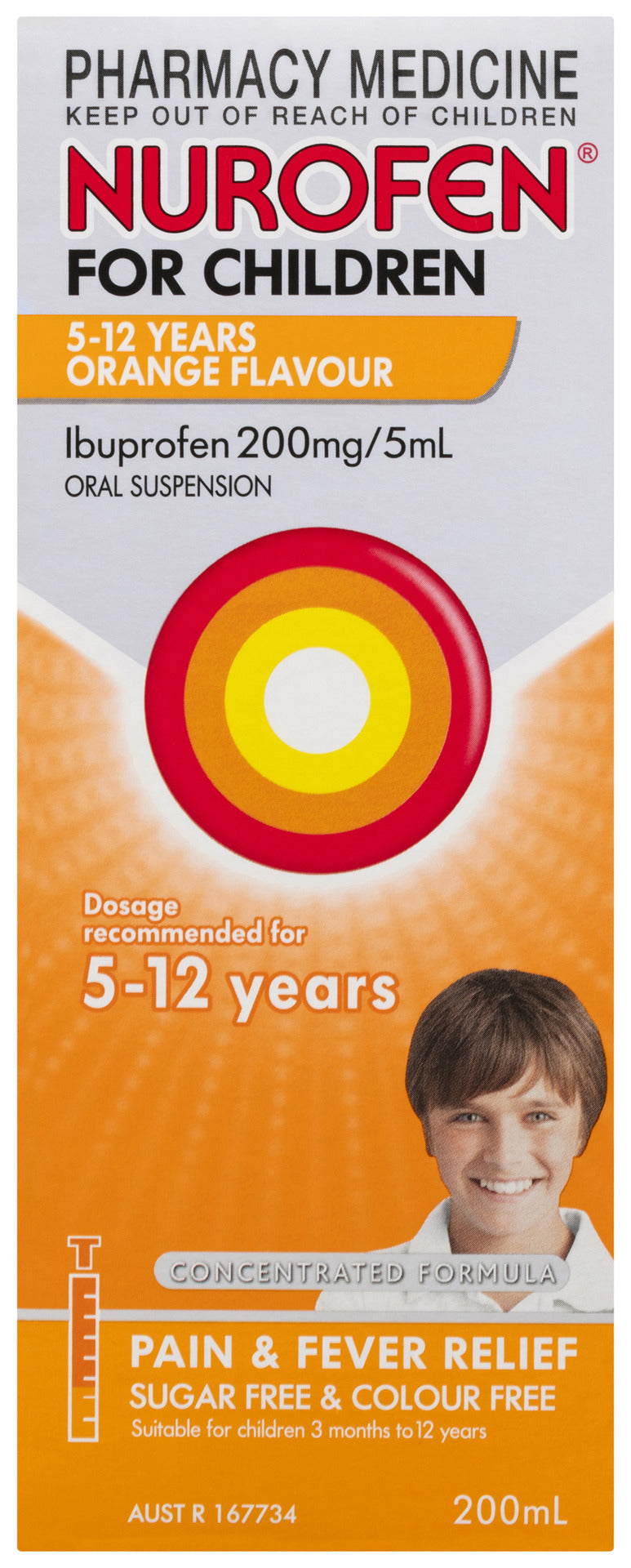 Nurofen For Children 5-12yrs Pain and Fever Relief Concentrated Liquid 200mg/5mL Ibuprofen Orange