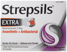 Strepsils Extra Blackcurrant Fast Numbing Sore Throat Pain Relief with Anaesthetic Lozenges 16 pack