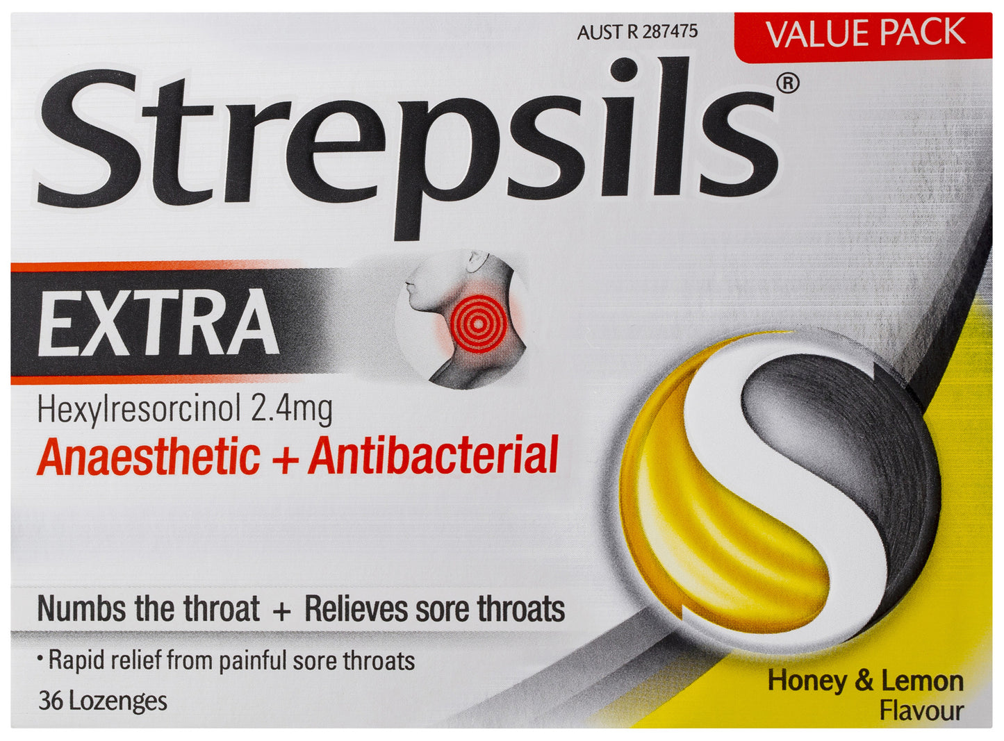 Strepsils Extra Honey and Lemon Fast Numbing Sore Throat Pain Relief with Anaesthetic Lozenges 36pk