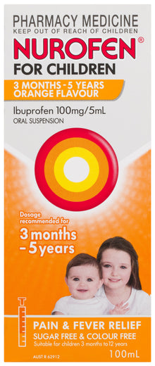 Nurofen For Children 3months - 5years Pain and Fever Relief 100mg/5mL Ibuprofen Orange 100mL