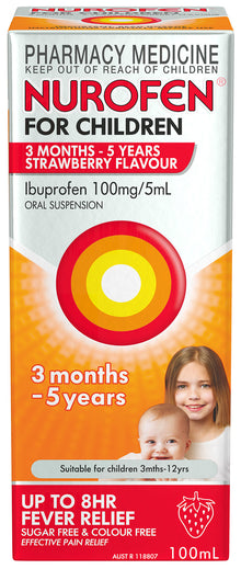 Nurofen For Children 3months - 5years Pain and Fever Relief 100mg/5mL Ibuprofen Strawberry 100mL