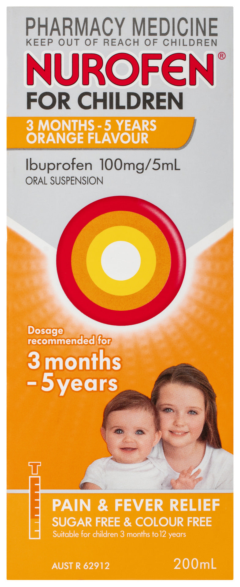 Nurofen For Children 3months - 5years Pain and Fever Relief 100mg/5mL Ibuprofen Orange 200mL