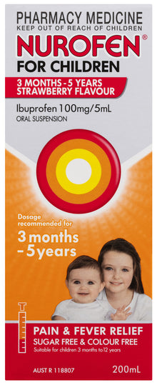 Nurofen For Children 3months - 5years Pain and Fever Relief 100mg/5mL Ibuprofen Strawberry 200mL