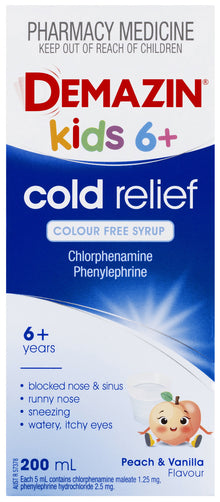 Demazin Kids 6+ Cold Relief Colour Free Syrup Peach & Vanilla Flavour 200mL