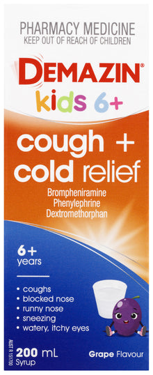 DEMAZIN Kids 6+ Cough + Cold Relief Syrup Grape Flavour 200mL