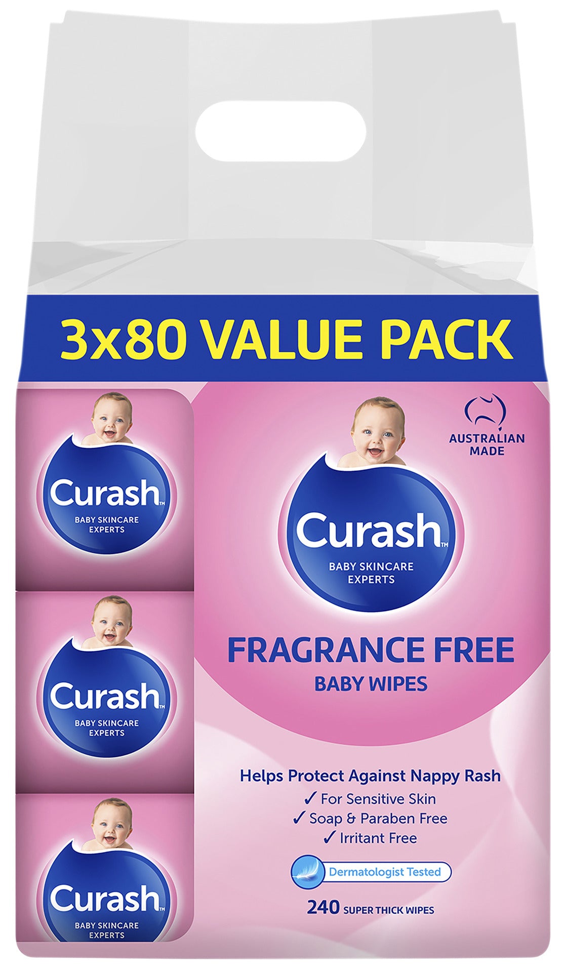 Curash Sensitive Fragrance Free Baby Wipes 3 x 80 Pack