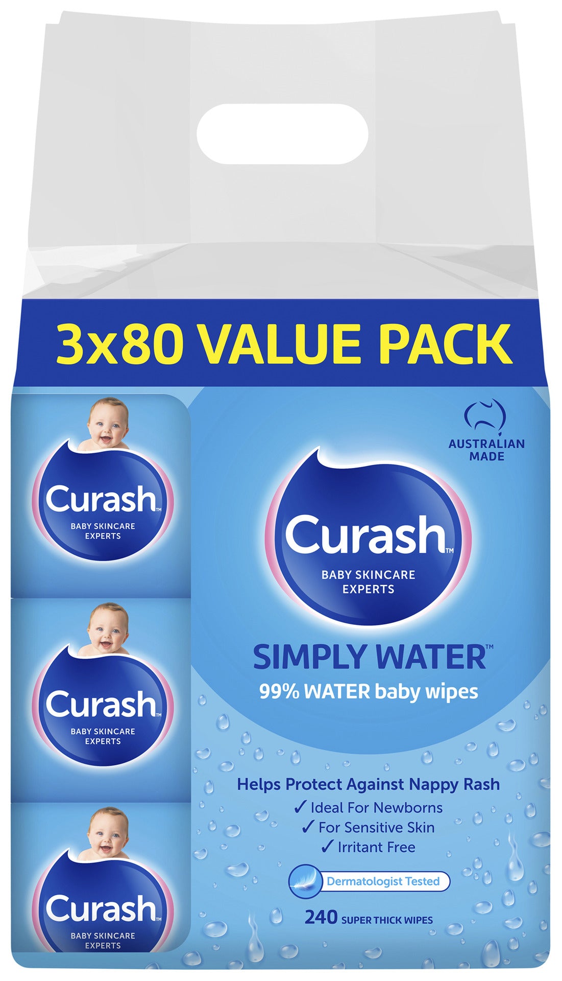Curash Simply Water Baby Wipes 3 x 80 Pack