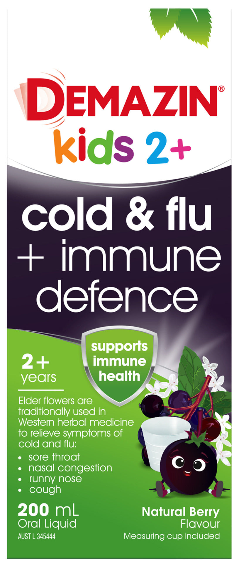 Demazin Kids 2+ Cold & Flu + Immune Defence Natural Berry Oral Liquid 200mL