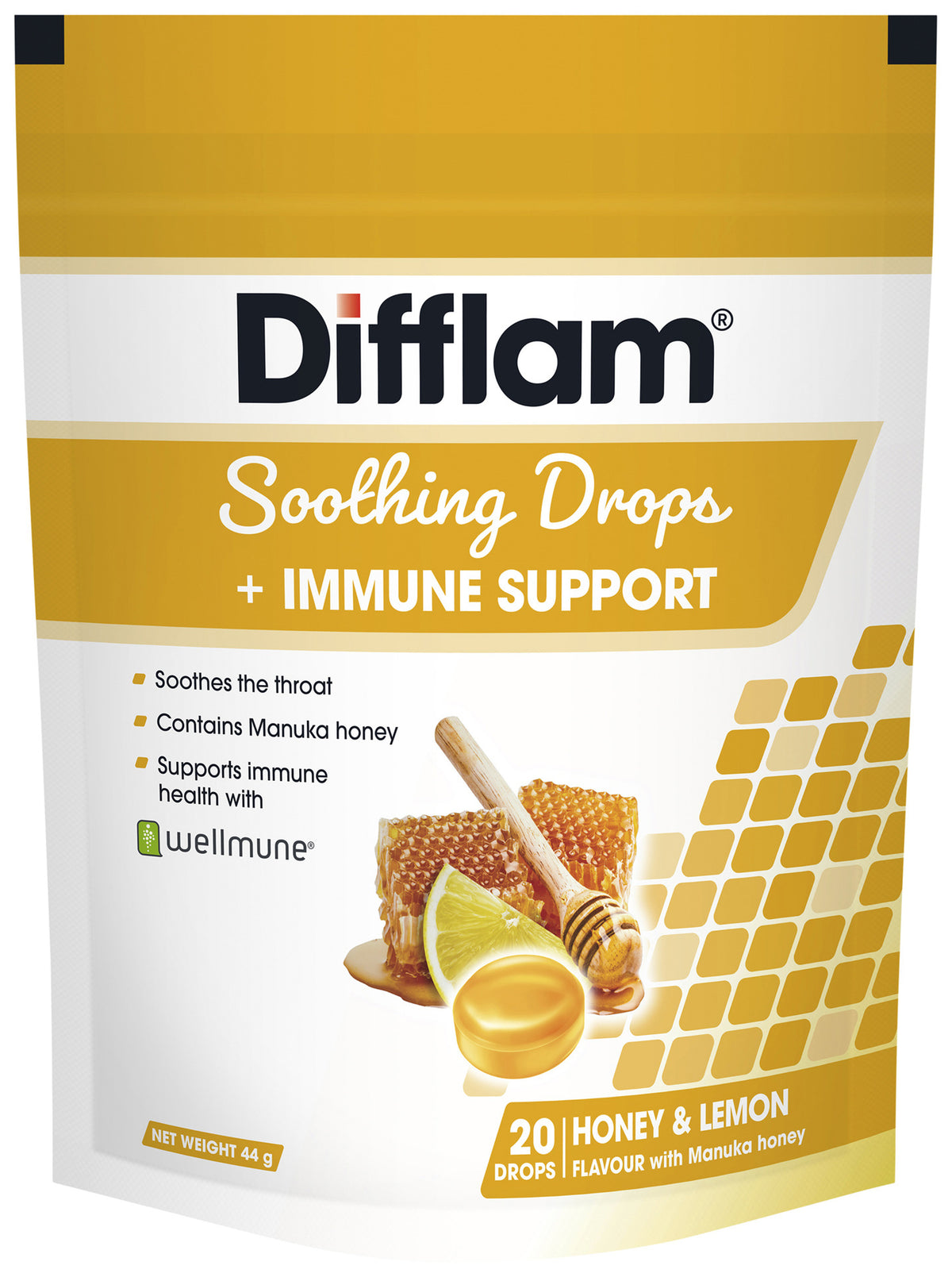 Difflam Soothing Drops + Immune Support Honey & Lemon 20 Pack
