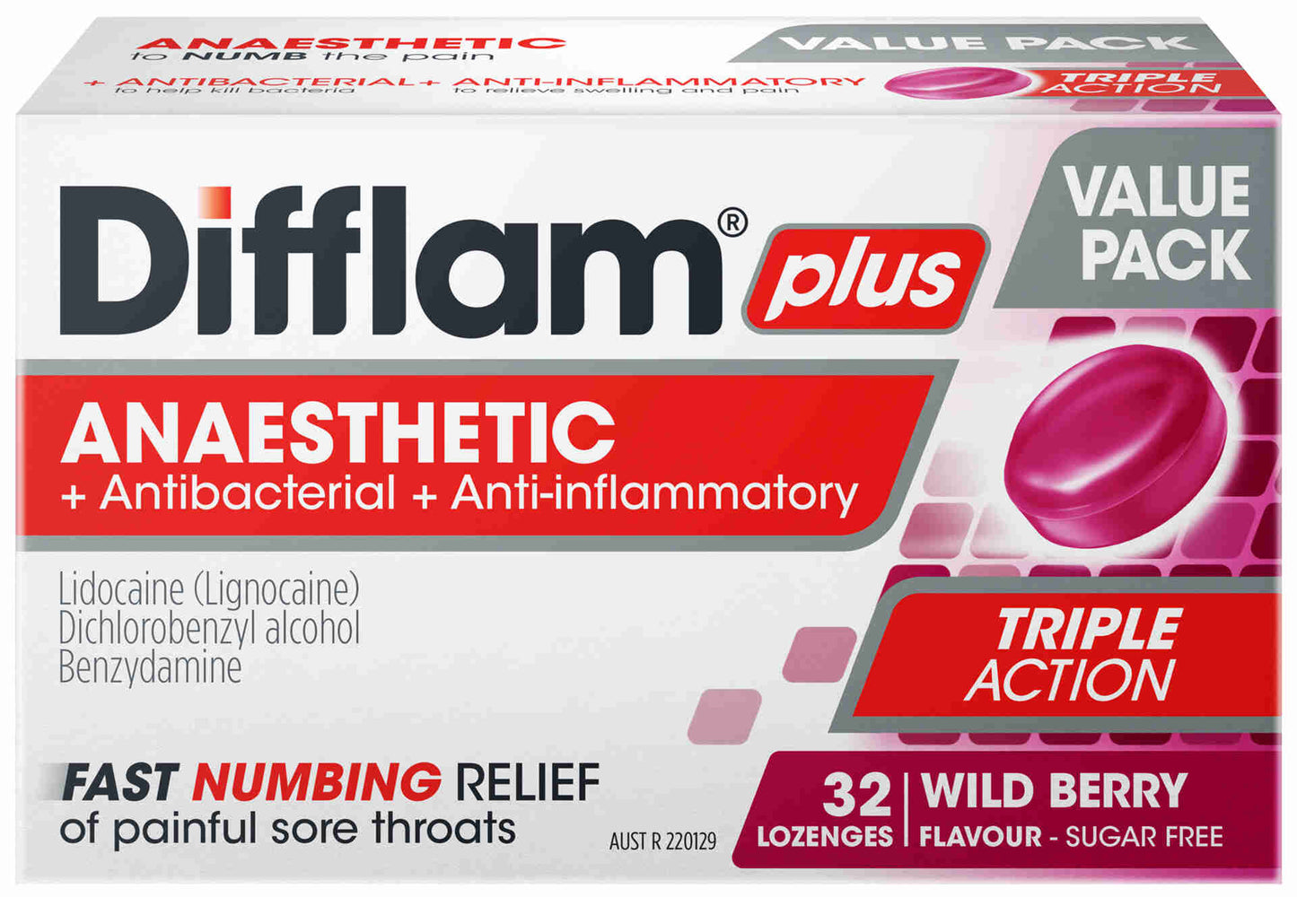 Difflam Plus Anaesthetic Sore Throat Pack Wild Berry Flavour 32 Pack