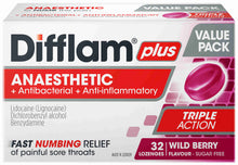 Difflam Plus Anaesthetic Sore Throat Pack Wild Berry Flavour 32 Pack