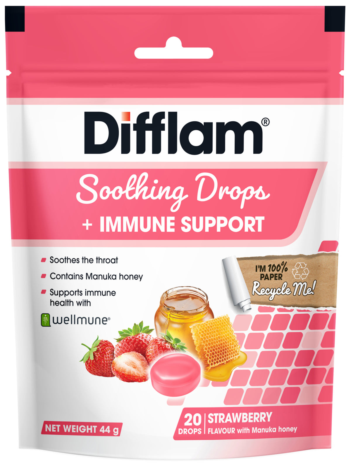 Difflam Soothing Drops + Immune Support Strawberry 20 Pack