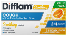 Difflam Soothing Cough + Sore Throat + Blocked Nose Pack Honey Lemon Menthol 32 Pack