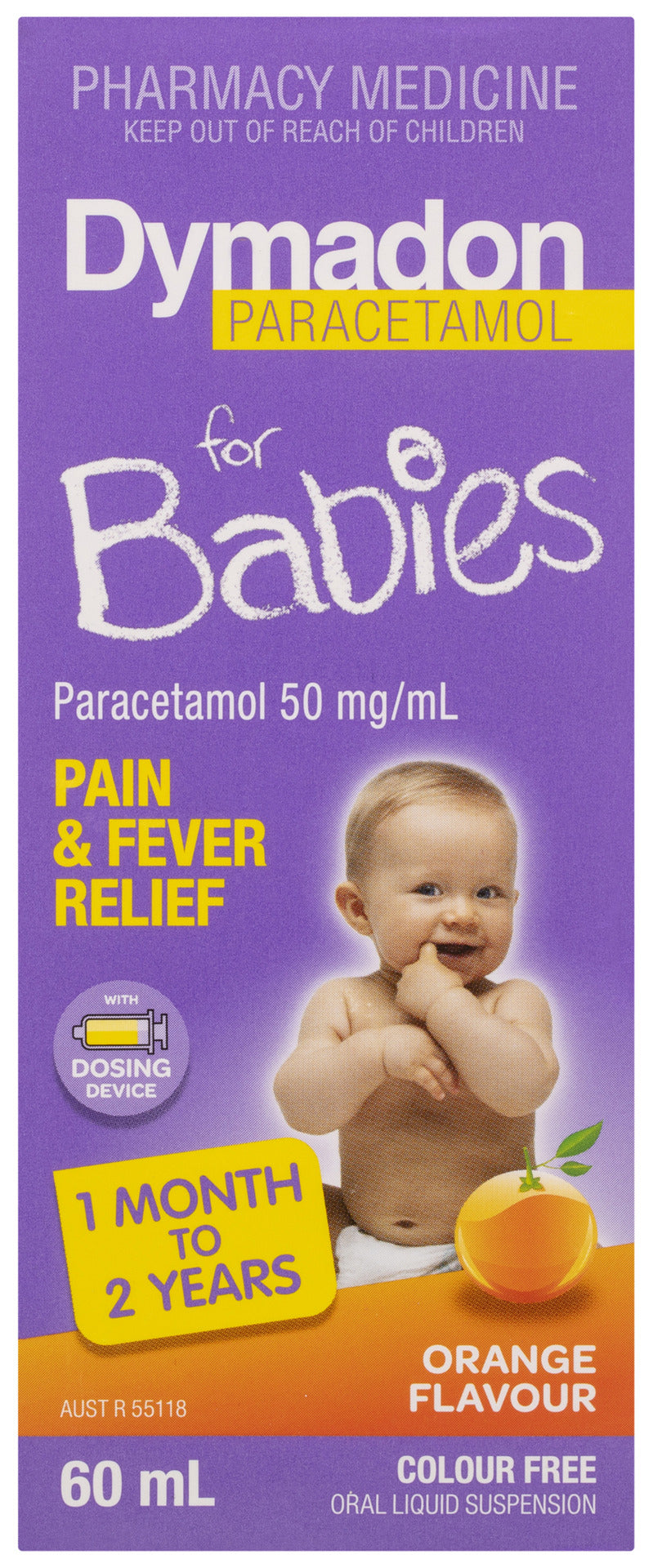 Dymadon Paracetamol for Babies 1mth-2yrs ORANGE 60mL